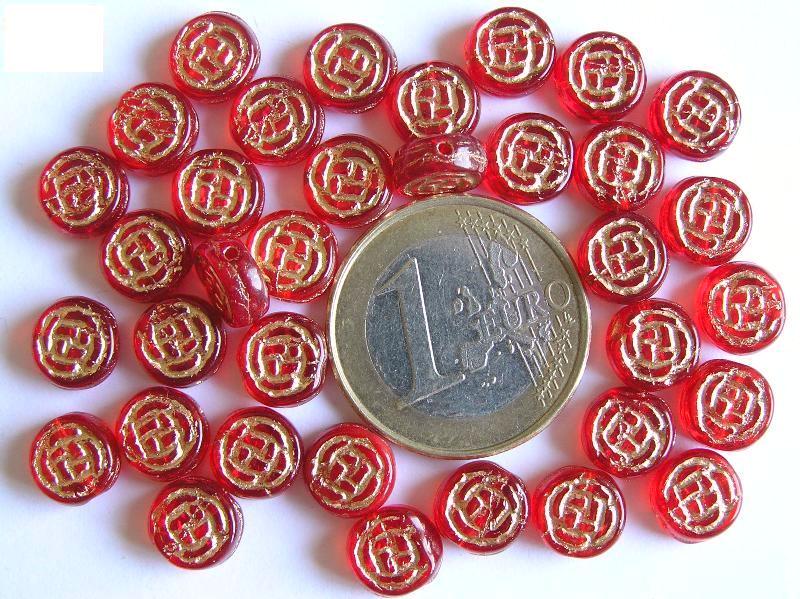 0050041 Siam Red rond schijfje met goudkleurig werkje 35 Pc.-0 0050041 Siam Red rond schijfje met goudkleurig werkje 35 Pc.-0