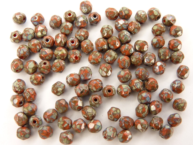 0050263 Coral Red - Silver Picasso facet, 4 mm. 40 stuks-0