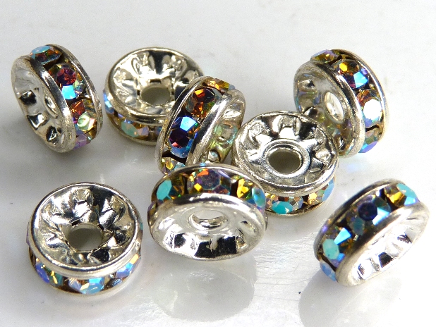 0160105 Strass rondellen silver Crystal AB 8,5 x 4 mm. 4 Pc.-0 0160105 Strass rondellen silver Crystal AB 8,5 x 4 mm. 4 Pc.-0