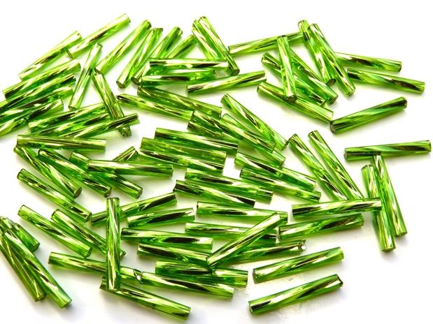 BU-57430 Silver Lined Peridot Green Twisted Bugles 15 mm. 10 gram.-0 BU-57430 Silver Lined Peridot Green Twisted Bugles 15 mm. 10 gram.-0