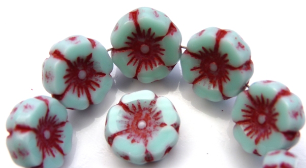 0100009 Opaque Light Green Turquoise, Red Picasso, Table Cut Flower 5 Pc.-0