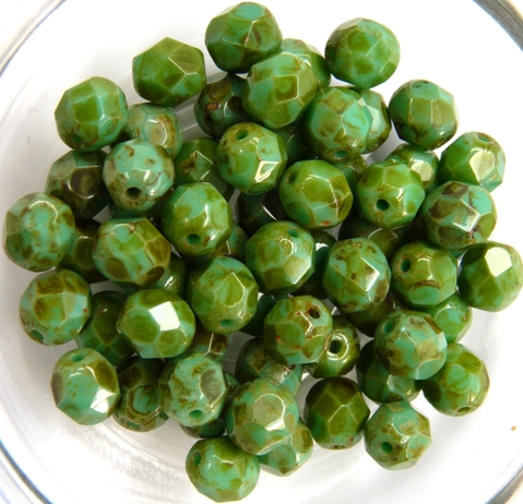 FP1-06-53130T Green Turquoise Picasso Czech Glass Facet Firepolish 6 mm