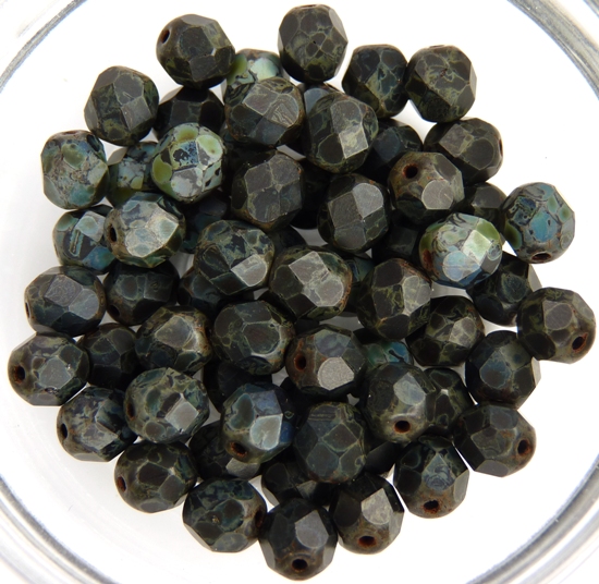 0010467 Matte Jet Picasso facet 6 mm. 25 Pc-0