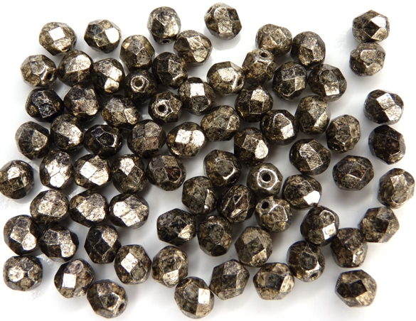 FP1-06-18549CR Metallic Antique Platinum Czech Glass Facet Firepolish 6 mm