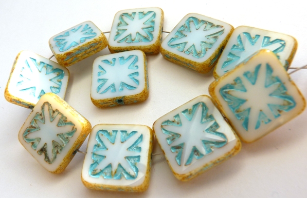0140071 Opaque White Travertin and Turquoise wax Table Cut square. 5 Pc.-0 0140071 Opaque White Travertin and Turquoise wax Table Cut square. 5 Pc.-0