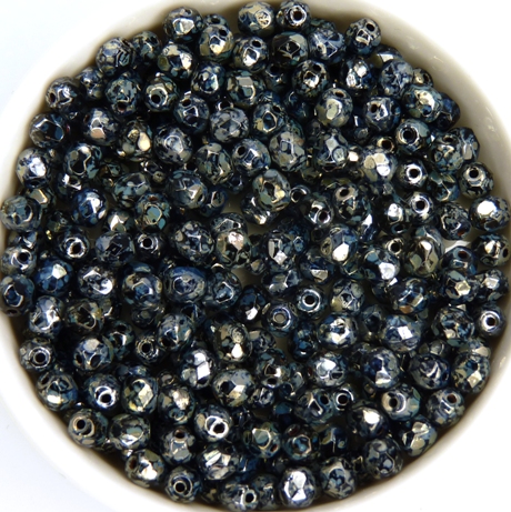0010430 Jet met Silver Travertin, Facet, 4 mm. 50 Pc.-0 0010430 Jet met Silver Travertin, Facet, 4 mm. 50 Pc.-0