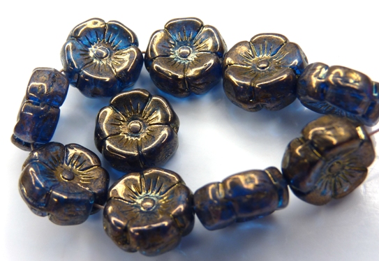 0090259 Dark Aqua Vega Luster Round Flower Bead. 12 Pc.-11297
