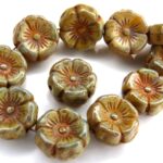 0130029 Jonquile/Albaster Travertin Round Flower Bead. 12 Pc.-0