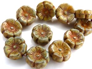 0130029 Jonquile/Albaster Travertin Round Flower Bead. 12 Pc.-0