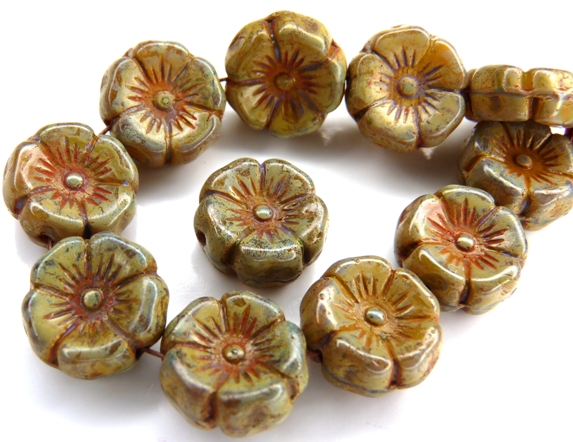 0130029 Jonquile/Albaster Travertin Round Flower Bead. 12 Pc.-0