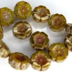 0130030 Jonquil Alabaster Mix Travertin Round Flower Table Cut Bead. 6 Pc.-0