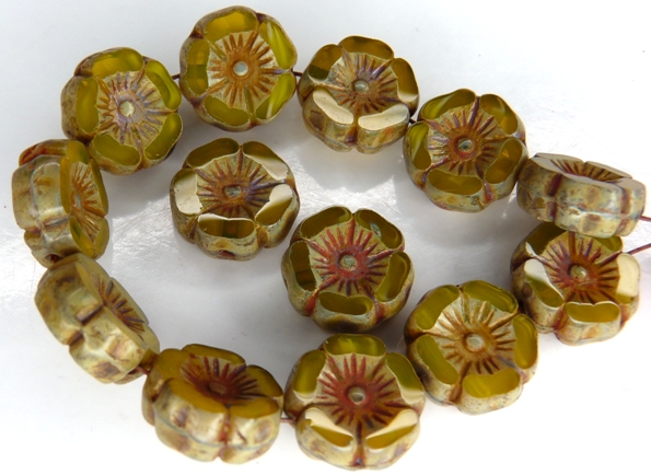 0130030 Jonquil Alabaster Mix Travertin Round Flower Table Cut Bead. 6 Pc.-0
