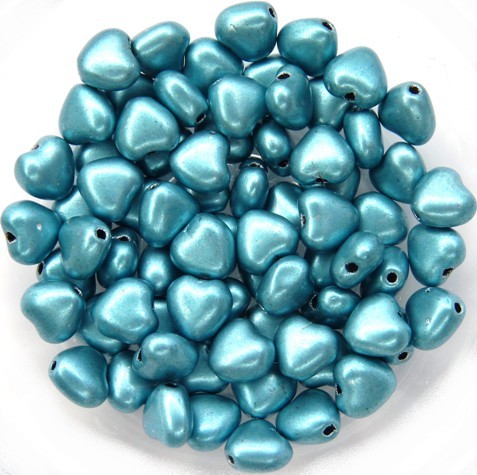 0090049 Silky Metallic Aqua Blue Heart Bead. 30 Pc.-0