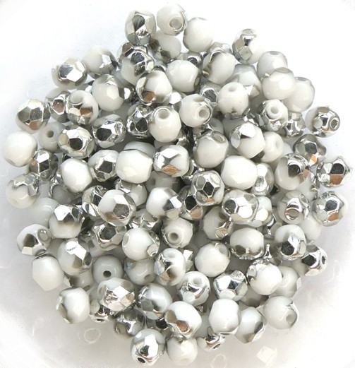 0140250 Opaque White half Silver facet 4 mm. 50 Pc.-0 0140250 Opaque White half Silver facet 4 mm. 50 Pc.-0