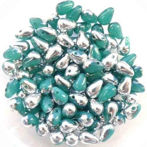 CD-61100-27001 Opal Green Aqua Half Silver Czech Drops 40 Pc.-15070