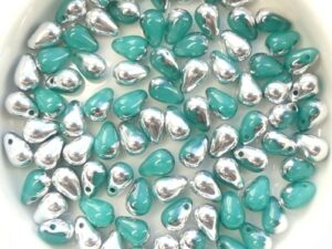 CD-61100-27001 Opal Green Aqua Half Silver Czech Drops 40 Pc.-15069