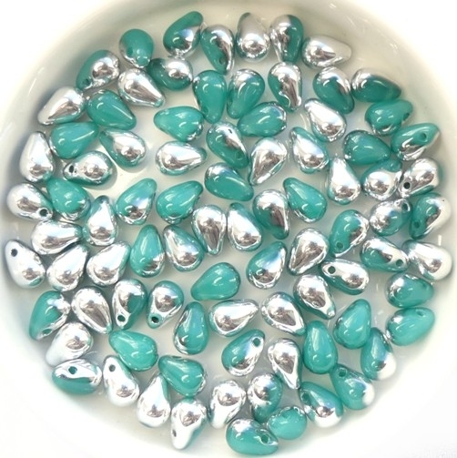 CD-61100-27001 Opal Green Aqua Half Silver Czech Drops 40 Pc.-15069