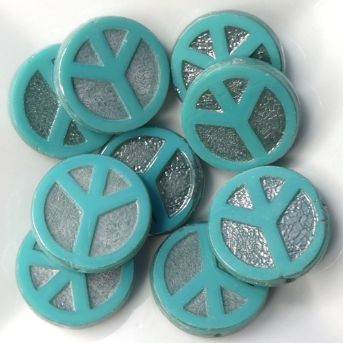0100052 Opaque Green Turquoise Chrome Table Cut Peace Bead. 4 Pc.-15480