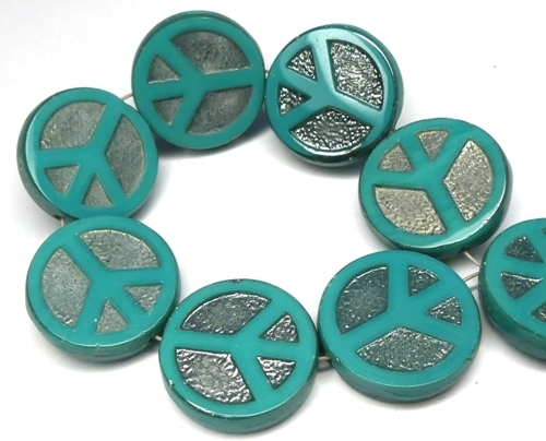 0100052 Opaque Green Turquoise Chrome Table Cut Peace Bead. 4 Pc.-15481