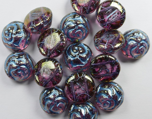 CR-00030-96842-12 Crystal Gold Luster Light Blue Painted 12 mm 2-hole Candy Rose Bead 10 Pc.-0