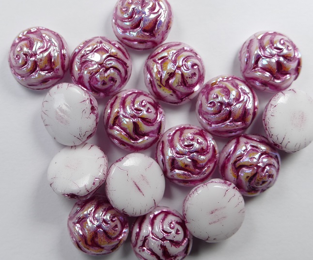 CR-02010-96845-12 White Alabaster AB Pink Painted 12 mm 2-hole Candy Rose Bead 10 Pc.-0 CR-02010-96845-12 White Alabaster AB Pink Painted 12 mm 2-hole Candy Rose Bead 10 Pc.-0