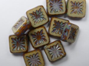 0040008 Opaque Beige Dark Picasso Squared Kiwi Table Cut Bead. 6 Pc.-0
