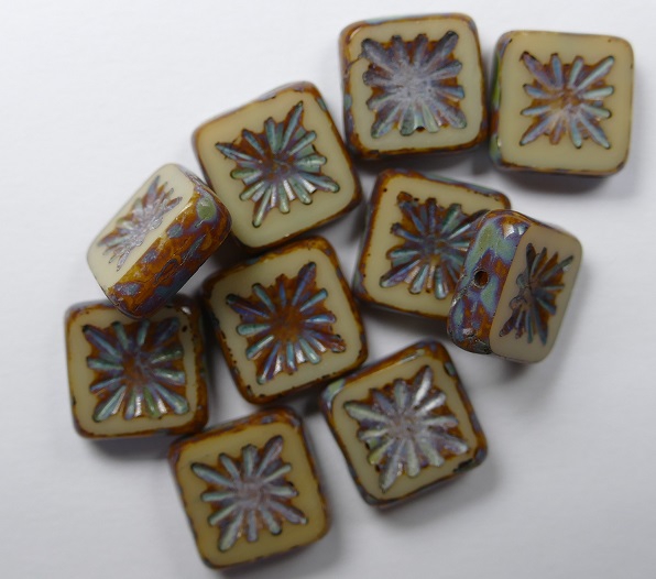 0040008 Opaque Beige Dark Picasso Squared Kiwi Table Cut Bead. 6 Pc.-0