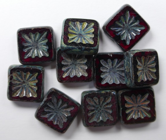 0050023 Siam Ruby Picasso Squared Kiwi Table Cut Bead. 6 Pc.-0 0050023 Siam Ruby Picasso Squared Kiwi Table Cut Bead. 6 Pc.-0