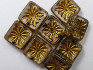 0150071 Crystal Picasso Gold Patina Squared Kiwi Table Cut Bead. 6 Pc.-0