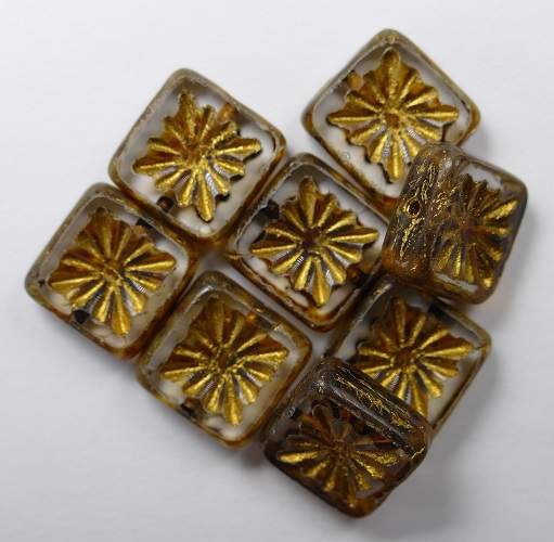 0150071 Crystal Picasso Gold Patina Squared Kiwi Table Cut Bead. 6 Pc.-0 0150071 Crystal Picasso Gold Patina Squared Kiwi Table Cut Bead. 6 Pc.-0