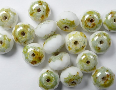 0140085 Chalk White Ultra Green Luster Donut Facet 9 x 6 mm. 12 stuks.-0 0140085 Chalk White Ultra Green Luster Donut Facet 9 x 6 mm. 12 stuks.-0