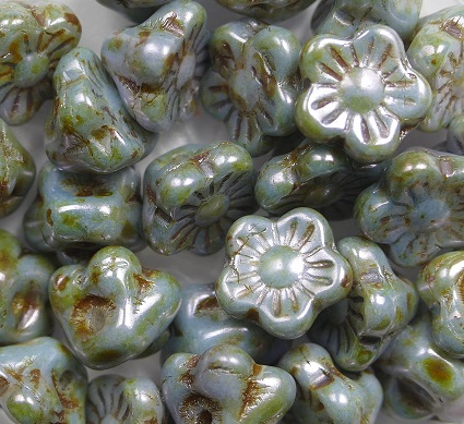 FLB-03000-65431 Chalk White Green/Blue Lazura Luster Flower Button 40 Pc.-0