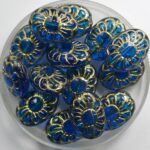 0090402 ovale bloem czech glaskraal dark aqua gold inlay