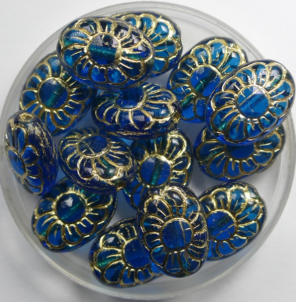 0090402 ovale bloem czech glaskraal dark aqua gold inlay