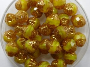 0130135 Yellow Coral Bronze Antique Style Cathedral Beads 10 Pc.