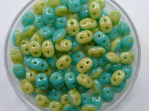 SD-63132 Green Turquoise/Ivory Opaque Matubo SuperDuo Duets 10 gram