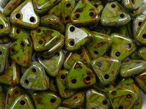 CMTR-53420T 2 hole Triangle Beads, 6 mm, Czech Mates, Opaque Olive Picasso