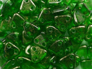 CMTR-50140GM 2 hole Triangle Beads, 6 mm, Czech Mates, Gold Marbled Green Emerald