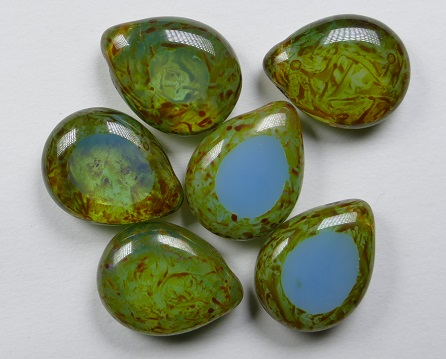 0090424 polished drops 16×12 mm milky aquamarine-picasso, color 61000T