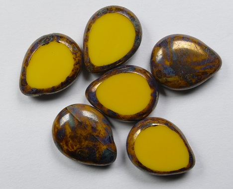 0130137 polished drops 16x12 mm sunflower yellow bronze picasso, color 93110BT