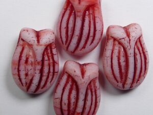 0050301 Tulip Bead Matte White Opal Light Red, Garnet Striped 4 Pc. - Afbeelding 1