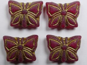 0050303 Matte Siam Ruby Gold Patina Butterfly Beads 5 Pc.