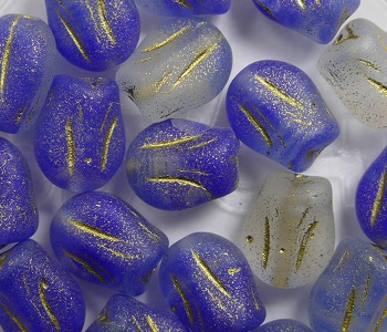 0090432 mini tulip bead 9x7 mm Matte Crystal Blue Gold Touched kleur R0336-84100-54302
