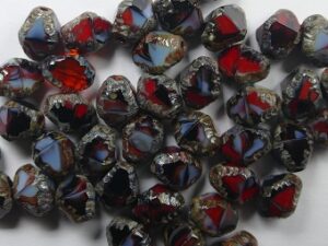 0050306 Opaque Jet Red White Opal Picasso Special Cut Firepolished Bicones 8x6 mm. 12 Pc. - Afbeelding 1