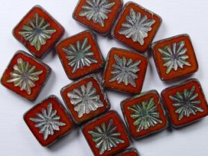 0060130 Opaque Dark Orange Picasso Squared Kiwi Table Cut Bead. 6 Pc.