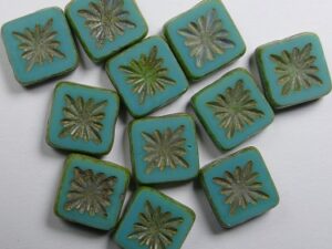 0100558 Opaque Green Turquoise Picasso Gold Washed Squared Kiwi Table Cut Bead. 6 Pc.