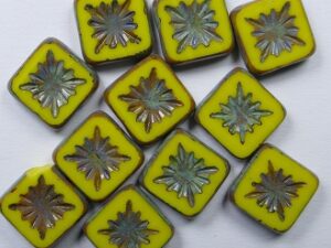 0130140 Opaque Yellow Picasso Squared Kiwi Table Cut Bead. 6 Pc.