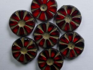 0050316 Siam Ruby Picasso Gold Washed Table Cut Sunflower Bead 6 Pc.