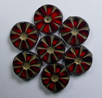 0050316 Siam Ruby Picasso Gold Washed sunflower beads 12 mm color 90080-86800-54302