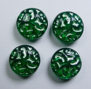 0100569 Emerald White Washed Lentil beads with ornament 14 mm color 50720-54322